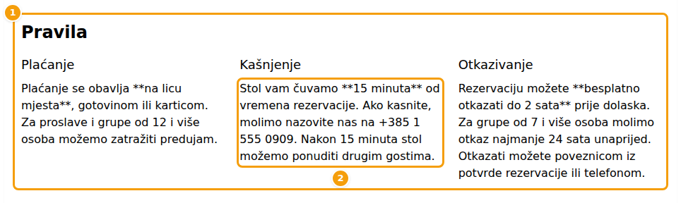 Gostova stranica Detalji rezervacije: blok Pravila s trima tekstovima (1) i tekst u kojem su zvjezdice još vidljive (2)