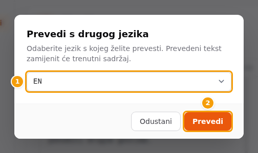 Prozor Prevedi s drugog jezika (gumb Prevedi iz…): jezik s kojeg prevodite (1) i gumb Prevedi (2)