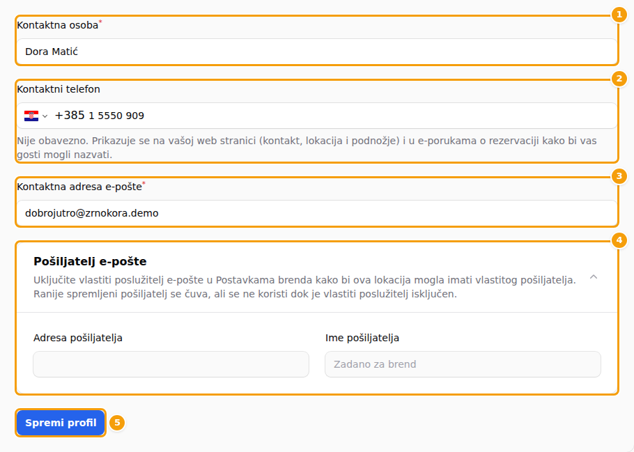 Kontaktna osoba (1), Kontaktni telefon (2), Kontaktna adresa e-pošte (3), Pošiljatelj e-pošte (4) i Spremi profil (5)