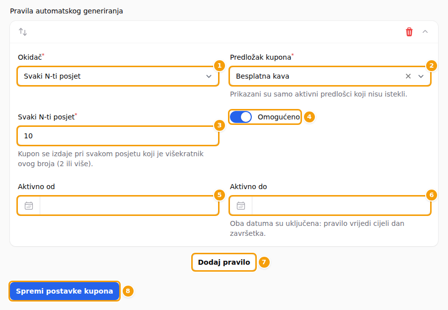 Jedno pravilo s poljima od (1) do (6), gumb Dodaj pravilo (7) i Spremi postavke kupona (8)
