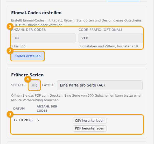 Der Tab Massencodes: Anzahl und Präfix (1), Codes erstellen (2), eine Serie mit CSV herunterladen und PDF herunterladen (3) sowie Druck-Sprache und Layout (4)