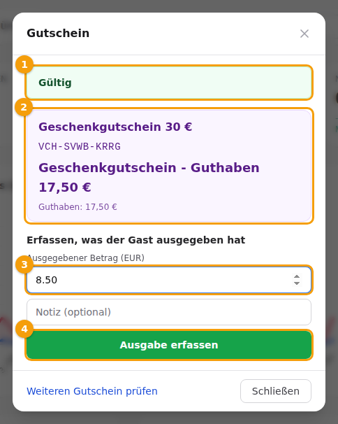 Eine Geschenkkarte: Gültig (1), die Karte mit ihrem Guthaben (2), der ausgegebene Betrag (3) und Ausgabe erfassen (4)