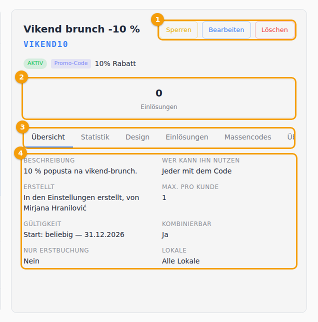 Das Detail: Sperren, Bearbeiten und Löschen (1), die Zahl der Einlösungen (2), die Tabs (3) und die Daten des Gutscheins (4)