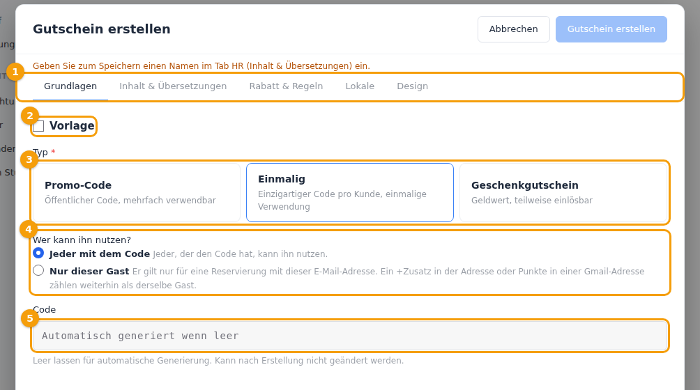 Der Tab Grundlagen: die Tabs (1), das Feld Vorlage (2), der Typ (3), Wer kann ihn nutzen (4) und der Code (5)