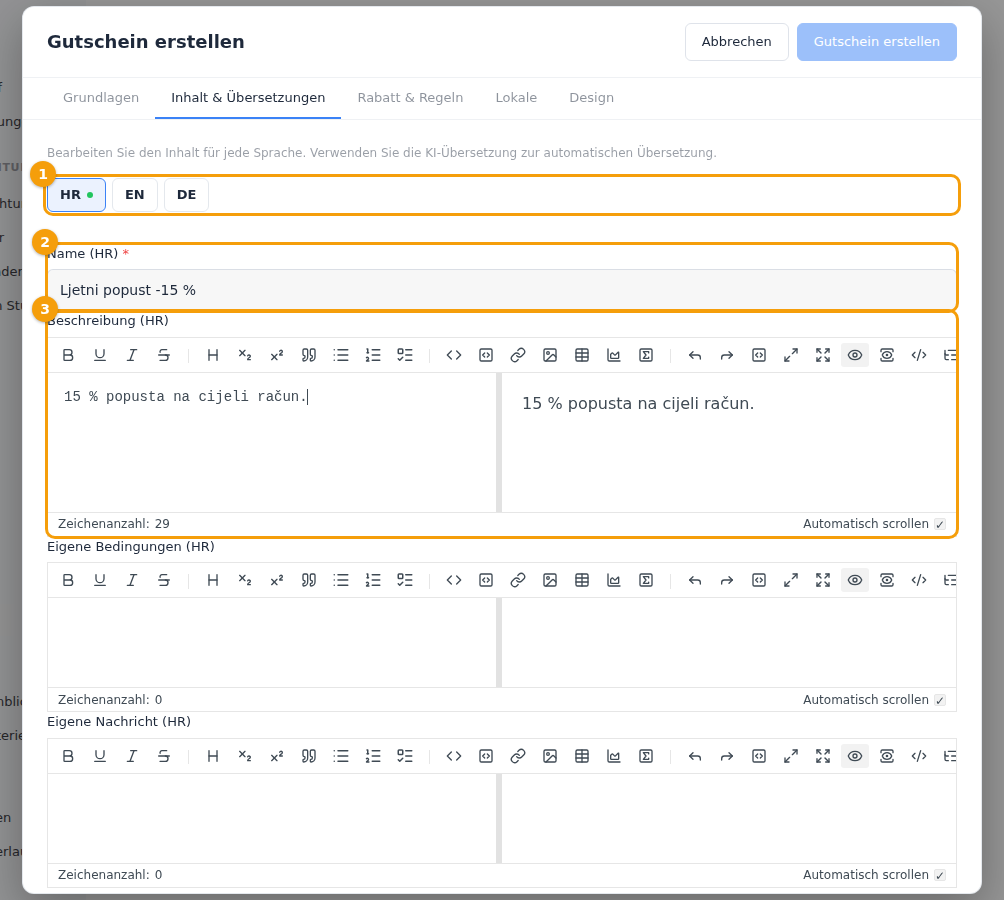 Der Tab Inhalt & Übersetzungen: die Sprach-Tabs (1), der Name (2) und die Beschreibung (3)