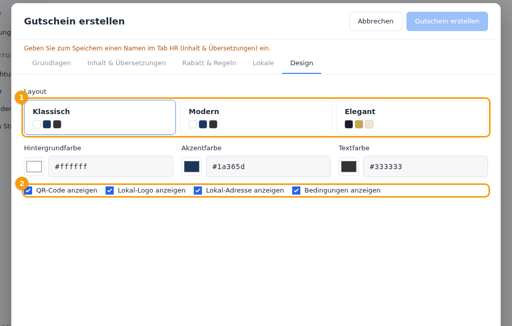 Der Tab Design: die drei Layouts (1) und was angezeigt wird (2)