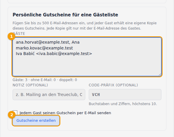 Persönliche Gutscheine für eine Gästeliste: die Liste der Gäste (1) und Gutscheine erstellen (2)