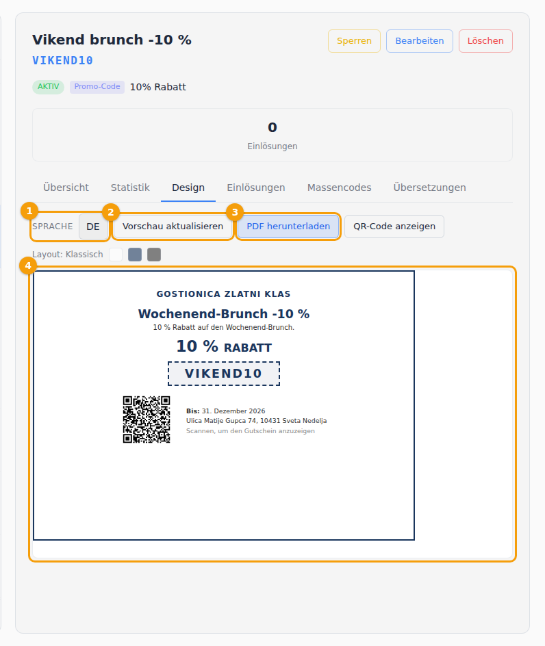 Der Tab Design mit der Vorschau: die Sprache (1), Vorschau aktualisieren (2), PDF herunterladen (3) und der Gutschein (4)