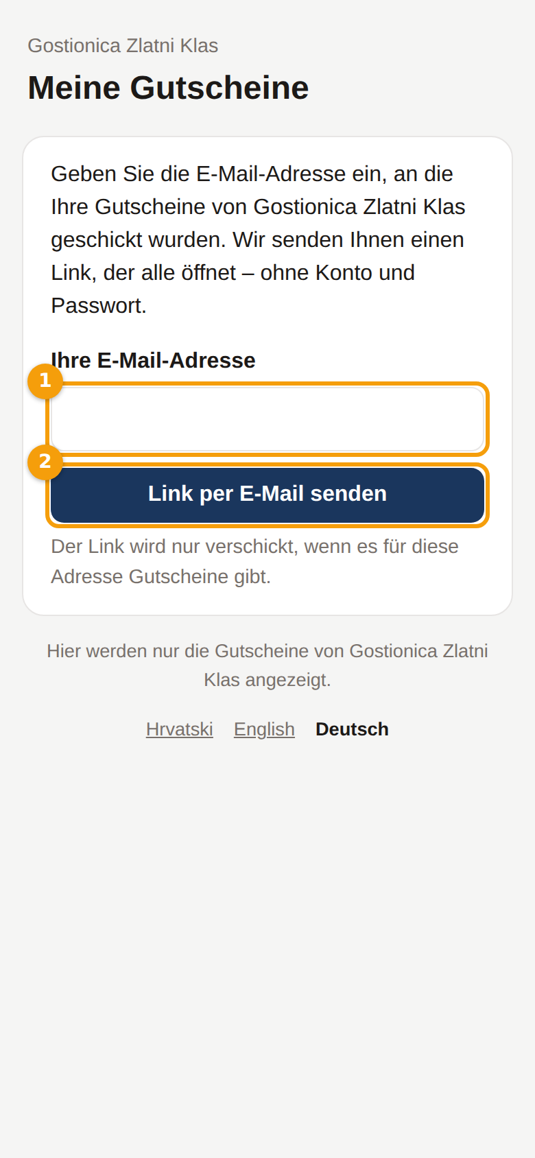Die erste Seite der Wallet auf dem Handy: das E-Mail-Feld (1) und der Button (2)