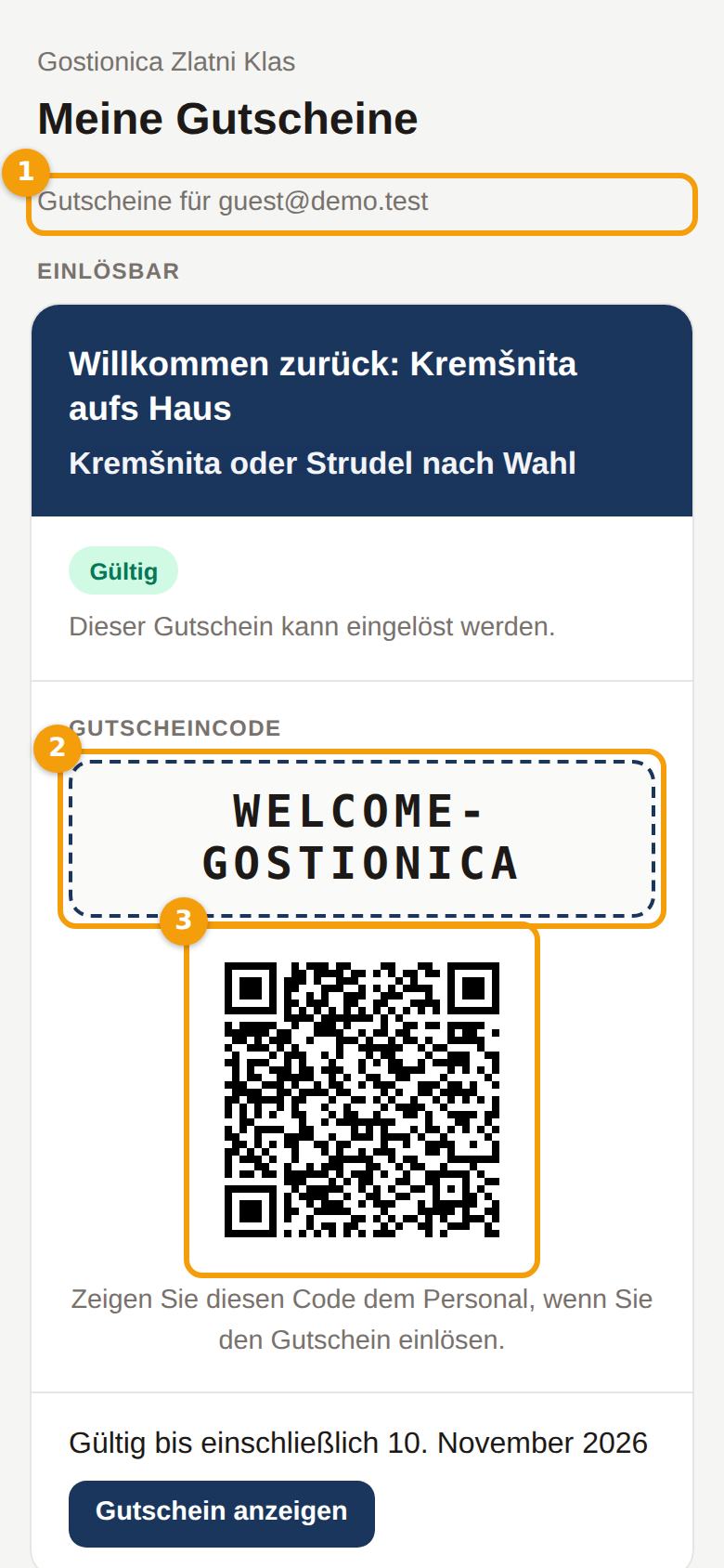 Die Wallet auf dem Handy: die E-Mail, zu der sie gehört (1), ein Gutschein mit seinem Code (2) und sein QR-Code (3)