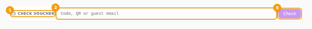 The Check voucher box: its name (1), the field for a code, QR or email (2) and the Check button (3)