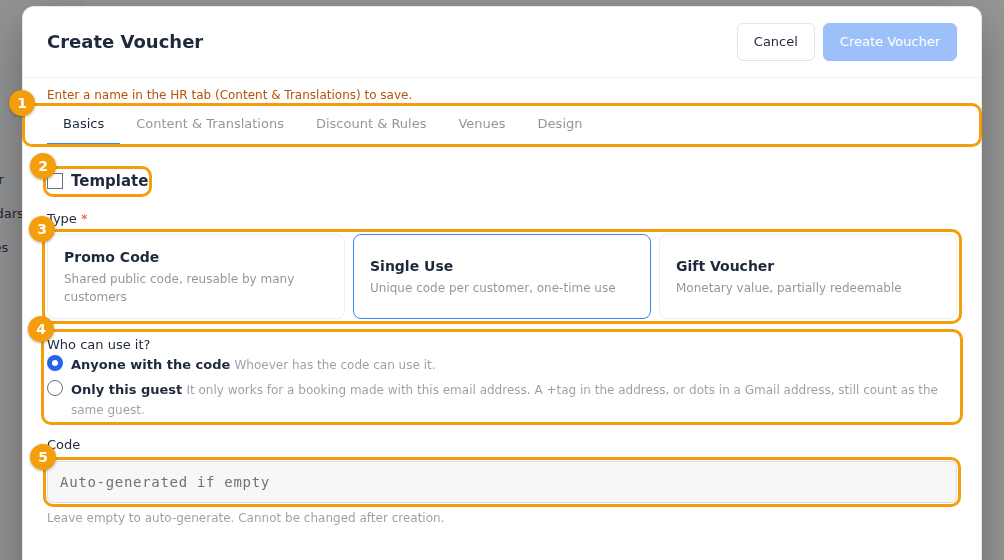 The Basics tab: the tabs (1), the Template box (2), the type (3), Who can use it (4) and the code (5)