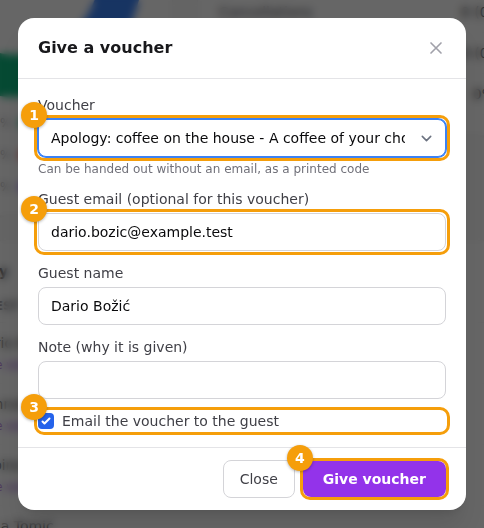 Give a voucher: the voucher (1), the guest's email (2), the email option (3) and the button (4)