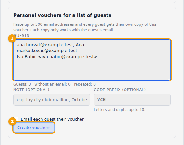 Personal vouchers for a list of guests: the list of guests (1) and Create vouchers (2)