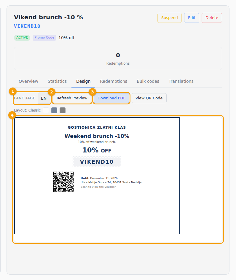 The Design tab with the preview: the language (1), Refresh Preview (2), Download PDF (3) and the voucher (4)