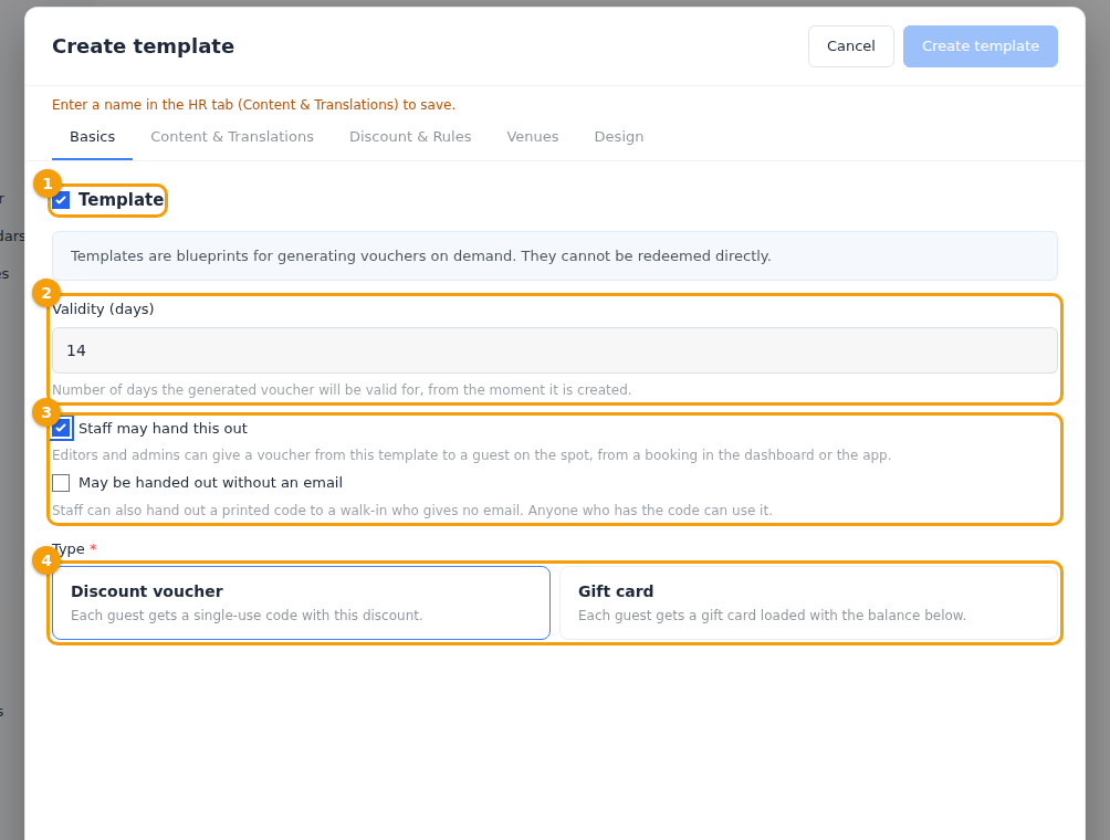 The Basics tab of a template: the Template box (1), Validity in days (2), the two staff boxes (3) and the kind (4)