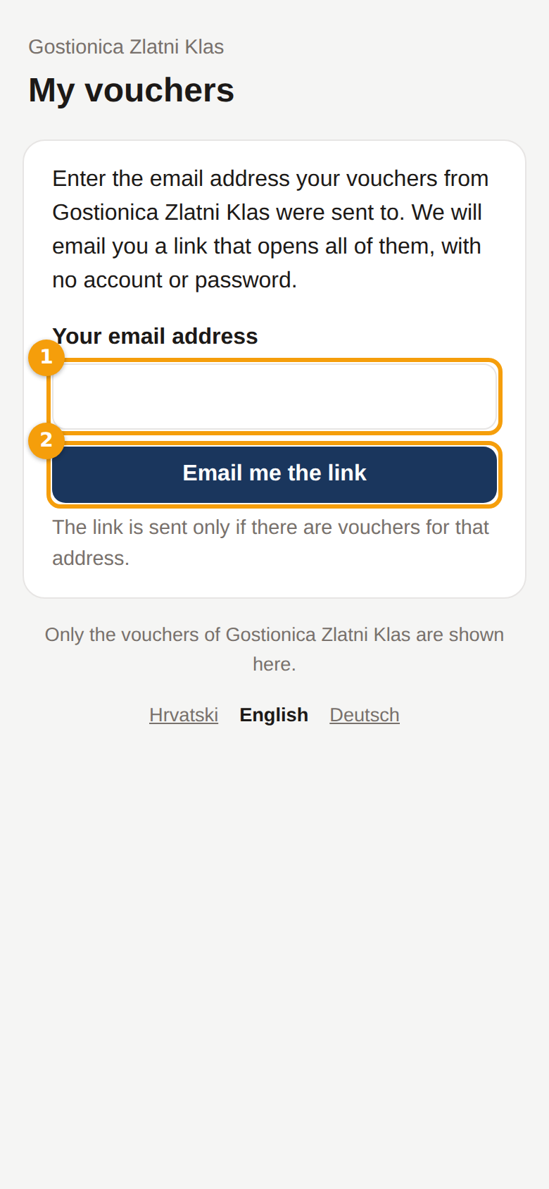 The wallet's first page on a phone: the email box (1) and the button (2)