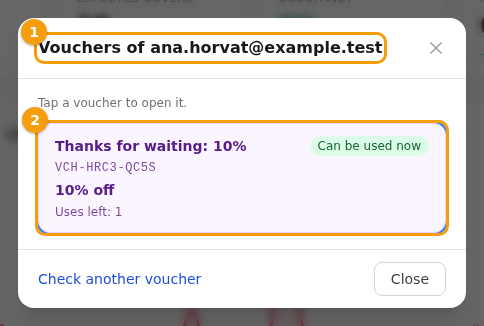 The staff window: the guest's email (1) and a voucher that can be used now (2)