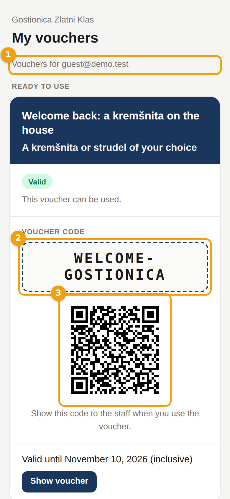 The wallet on a phone: the email it belongs to (1), a voucher with its code (2) and its QR code (3)