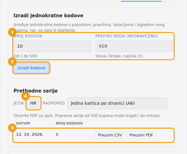 Kartica Skupni kodovi: broj i prefiks (1), Izradi kodove (2), serija s Preuzmi CSV i Preuzmi PDF (3) te jezik i raspored ispisa (4)