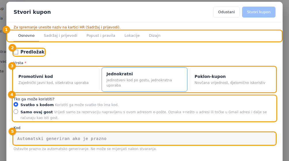 Kartica Osnovno: kartice (1), polje Predložak (2), vrsta (3), Tko ga može koristiti (4) i kod (5)