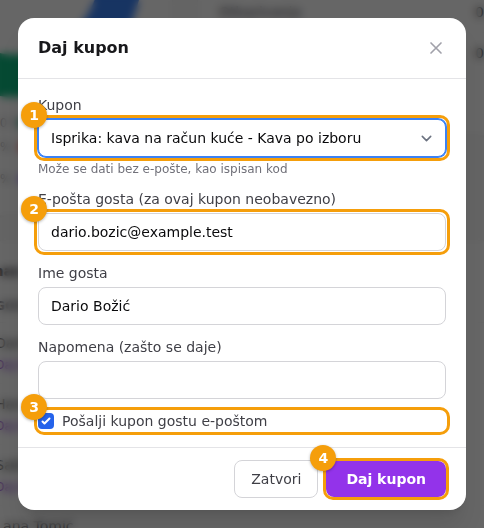 Davanje kupona: kupon (1), gostova e-pošta (2), opcija e-pošte (3) i gumb (4)