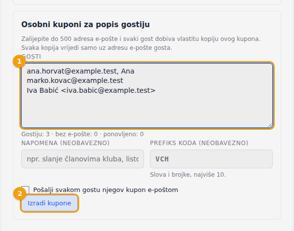 Osobni kuponi za popis gostiju: popis gostiju (1) i Izradi kupone (2)