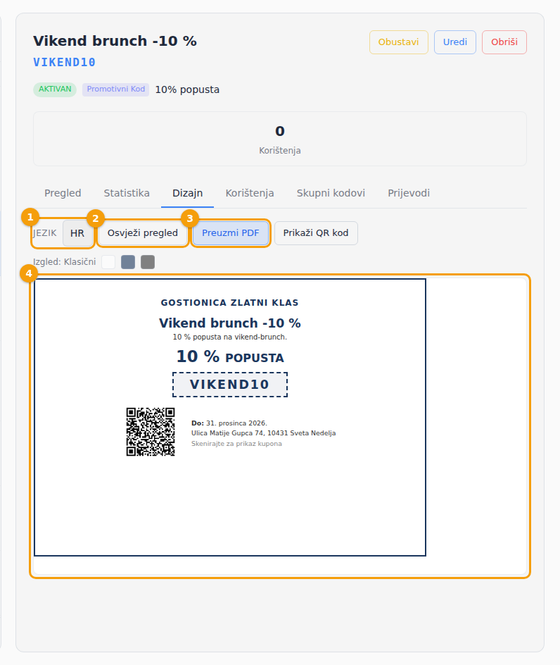 Kartica Dizajn s pregledom: jezik (1), Osvježi pregled (2), Preuzmi PDF (3) i kupon (4)