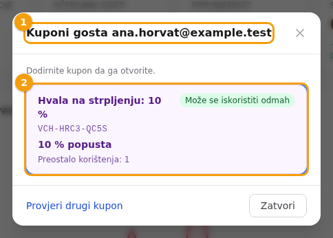 Prozor za osoblje: gostova e-pošta (1) i kupon koji se može iskoristiti odmah (2)