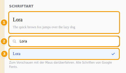 Ihre Schrift (1), das Suchfeld (2) und die gewählte Schrift in der Liste (3)