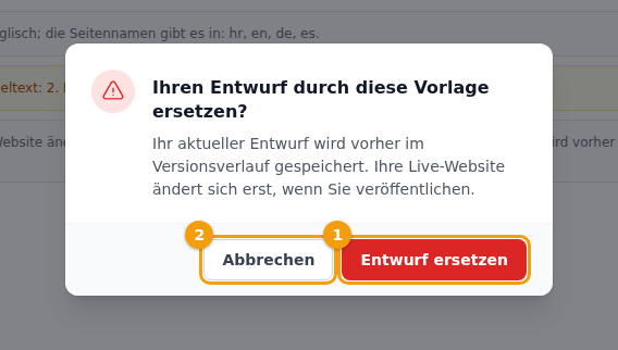 Entwurf ersetzen (1) oder Abbrechen (2)