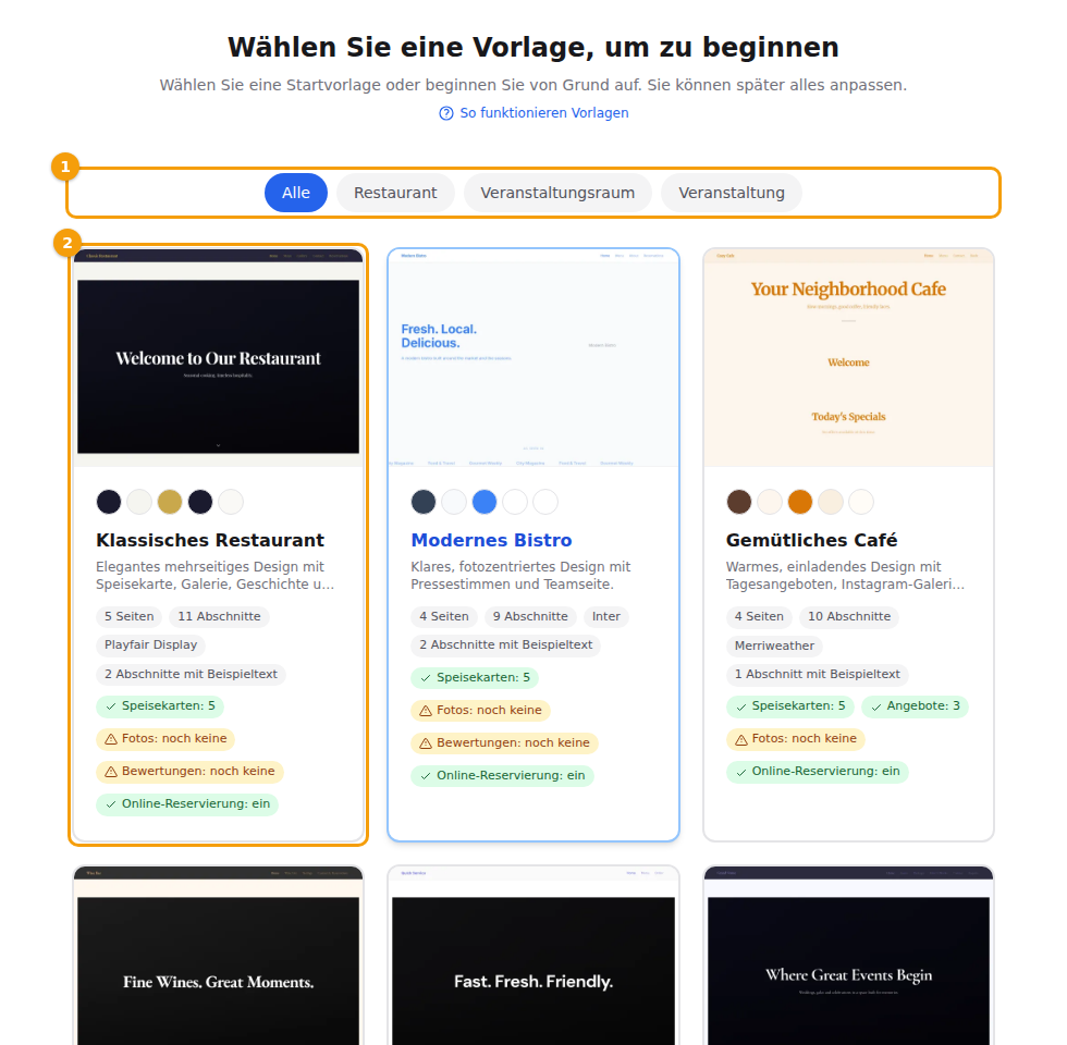 Die Vorlagen filtern (1) und die gewünschte anklicken (2)