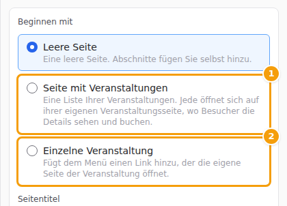 Das Formular Seite hinzufügen: Seite mit Veranstaltungen (1) und Einzelne Veranstaltung (2)