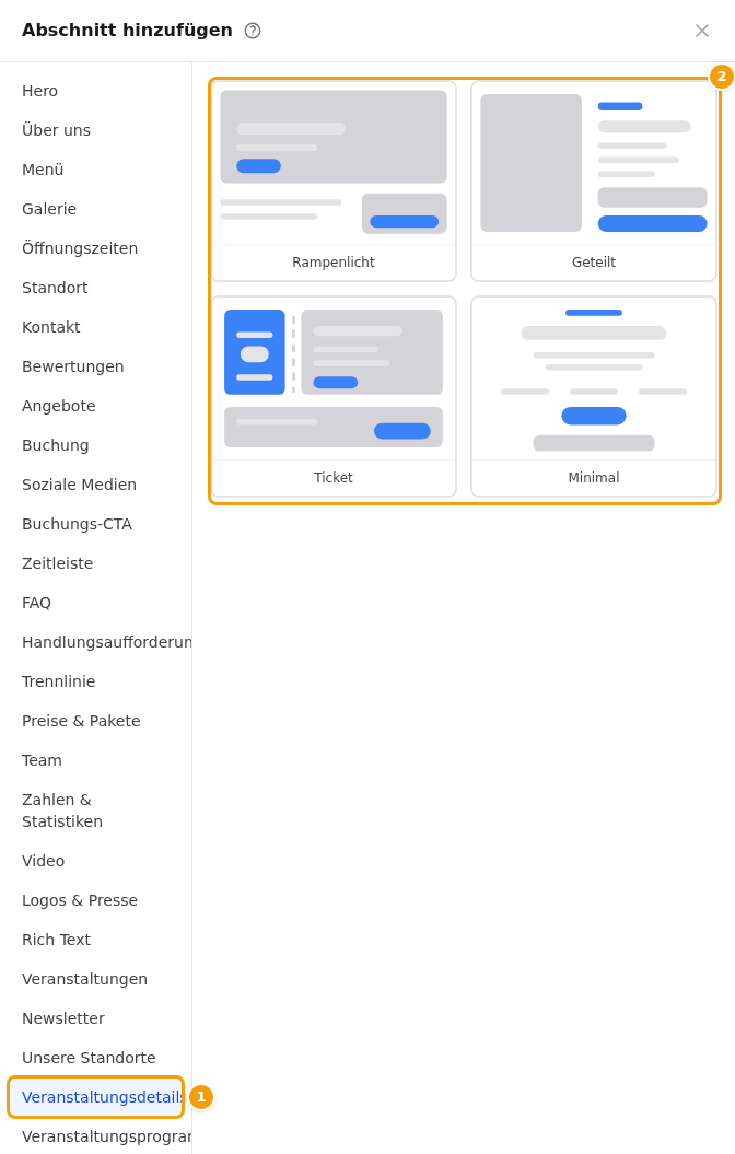 Abschnitt hinzufügen: Veranstaltungsdetails (1) und seine vier Designs (2)
