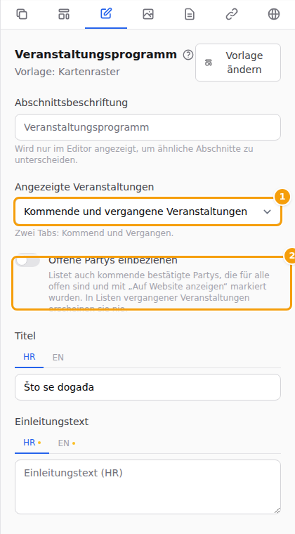 Der Editor des Veranstaltungsprogramms: Angezeigte Veranstaltungen (1) und Offene Partys einbeziehen (2)