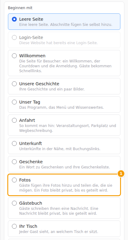 Wählen Sie im Formular Seite hinzufügen die Option Fotos (1)