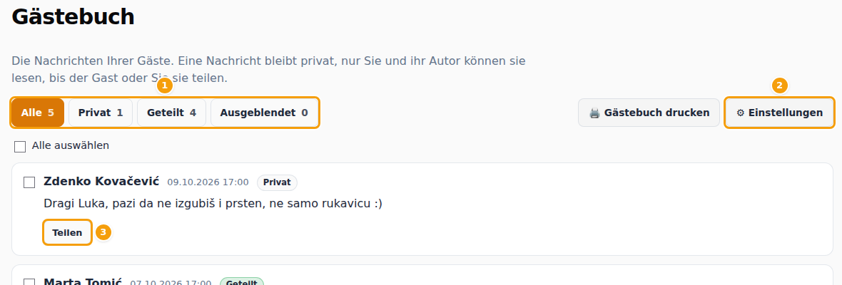 Die Gästebuch-Seite: die Filter (1), Gästebuch drucken und Einstellungen (2) und Teilen bei einer Nachricht (3)