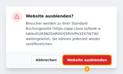Website ausblenden? — Besucher werden zu Ihrer Standard-Buchungsseite weitergeleitet (ihre Adresse steht dabei). Sie können jederzeit wieder veröffentlichen.