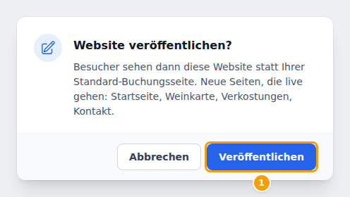 Website veröffentlichen? — Besucher sehen dann diese Website statt Ihrer Standard-Buchungsseite.