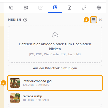 Die Listenansicht (1) und die neue zugeschnittene Kopie ganz oben (2)