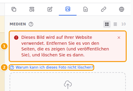 Die Meldung, wenn ein Foto noch verwendet wird (1), und der Link zu dieser Hilfe (2)