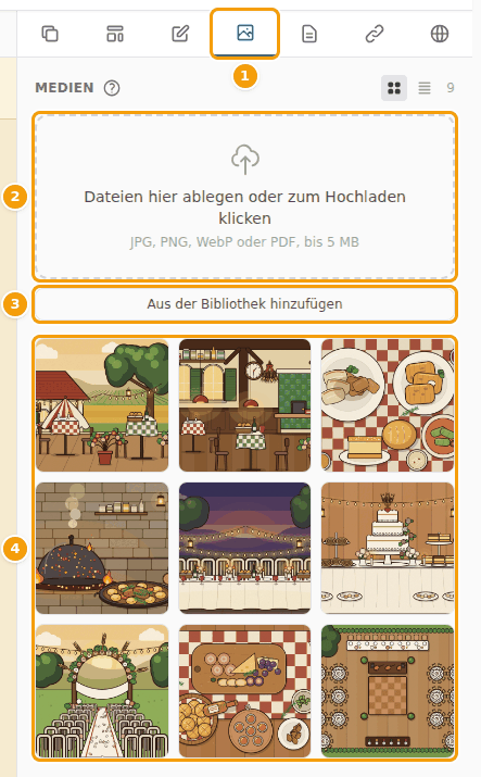 Der Tab Medien (1), das Upload-Feld (2), Aus der Bibliothek hinzufügen (3) und Ihre Fotos (4)