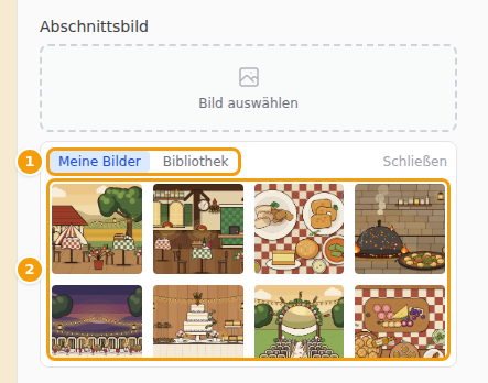 Meine Bilder oder Bibliothek (1), dann ein Foto anklicken (2)