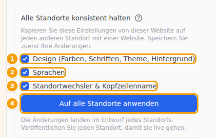 Wählen, was übertragen werden soll (1–3), und auf Auf alle Standorte anwenden klicken (4)