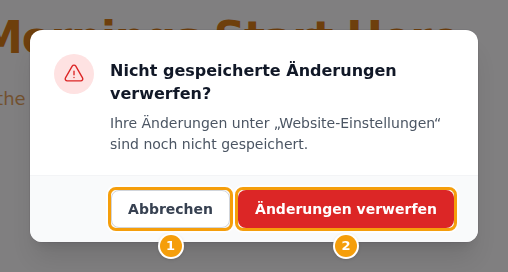 Nicht gespeicherte Änderungen verwerfen? — Abbrechen (1) oder Änderungen verwerfen (2)