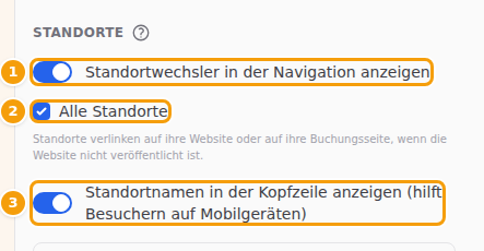 Standortwechsler in der Navigation anzeigen (1), Alle Standorte (2) und Standortnamen in der Kopfzeile anzeigen (3)