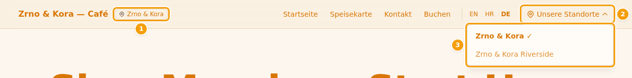 Der Standortname (1) und das Menü Unsere Standorte (2) mit Ihren Standorten (3)