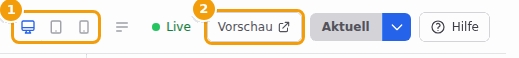 Die Schaltflächen für die Bildschirmgröße (1) und die Schaltfläche Vorschau (2)