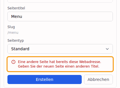 Eine rote Meldung erklärt, warum die Seite nicht hinzugefügt werden konnte