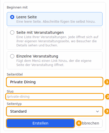 Seitentitel (1), die Webadresse (2), Seitentyp (3) und Erstellen (4)